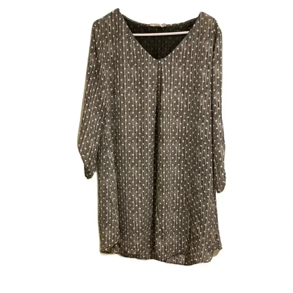 Lush Women’s Lined Mini Dress Grey Polka Dots 3/4 length sleeves Sz. Large